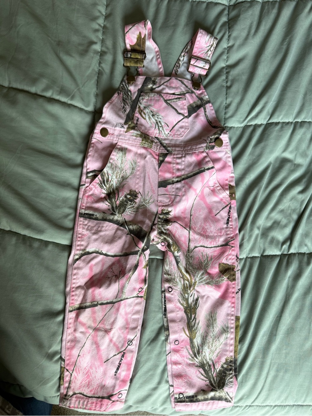 Bass Pro Shops Pink Camo Kids Overalls with Green/Brown Print